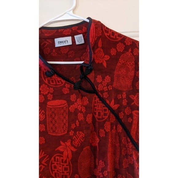 Chico's Red & Black Asian Inspired Cap Short Sleeved Shirt, Size 3 - Picture 6 of 9